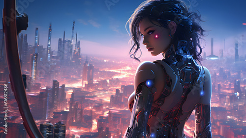 cybernetic heroine standing against a backdrop of a sprawling, high-tech city with neon lights