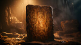 close-up view of ancient runes glowing with a mystical light on a stone tablet, set against a dark, atmospheric backdrop