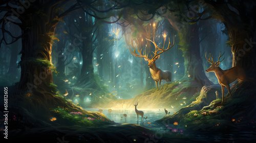 enchanting forest scene with magical creatures gathering around a luminous crystal