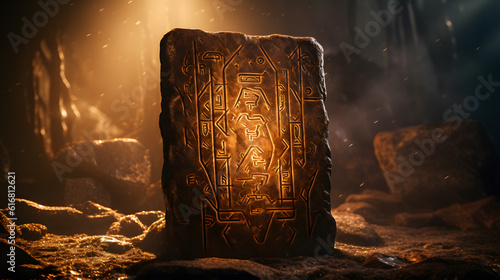 close-up view of ancient runes glowing with a mystical light on a stone tablet, set against a dark, atmospheric backdrop photo