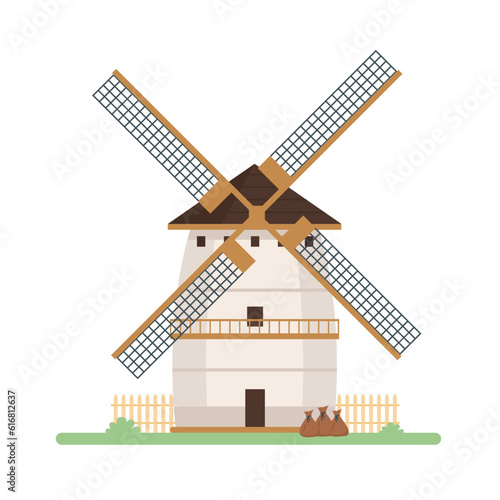 Stone windmill. Traditional farm building for grinding wheat grains to flour. Dutch or netherland wind Mill icon. Vector illustrations.