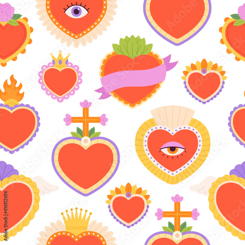 Fototapeta Naklejka Na Ścianę i Meble -  Mexican hearts seamless pattern, heart fabric print. Mexico style sacred elements background, love and flowers spiritual racy vector texture