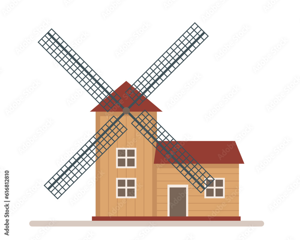Wooden windmill icon isolated on white background. Traditional farm building for grinding wheat grains to flour. Dutch or netherland wind Mill. Vector illustrations.