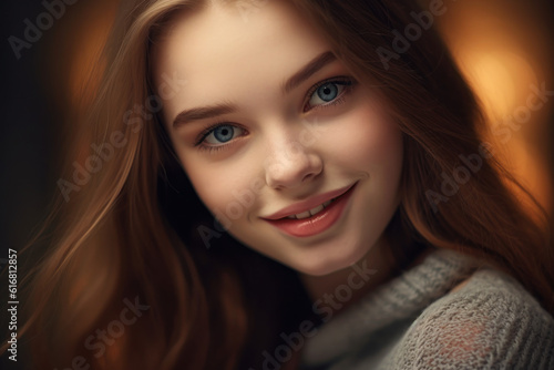 Close-up portrait photography highlighting the radiant smile and natural beauty of a happy individual. Generative AI © Ty