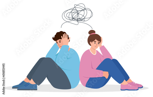 Sad unhappy man and woman characters back to back. Relationship break up trouble and family crisis concept. Depression, Stress, Mind Health Problem. Vector illustration isolated on white background.