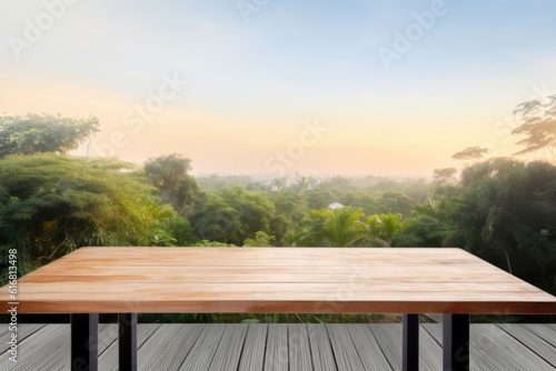 wooden table on a deck overlooking a scenic view © 2rogan