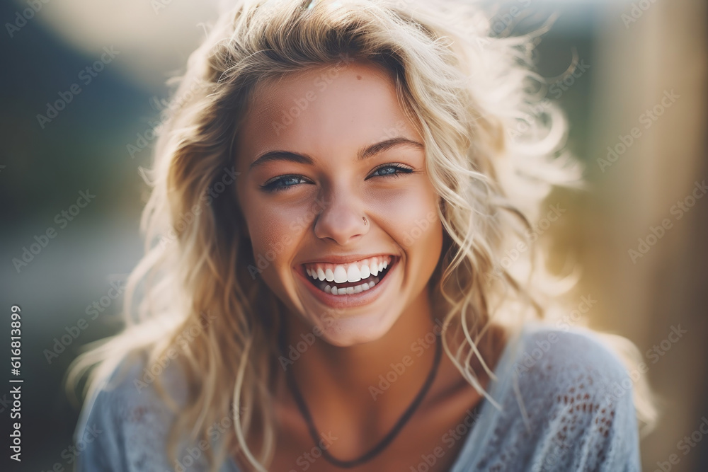 Close-up portrait photography highlighting the radiant smile and natural beauty of a happy individual. Generative AI Close-up portrait photography highlighting the radiant smile and natural beauty of a happy individual. Generative AI