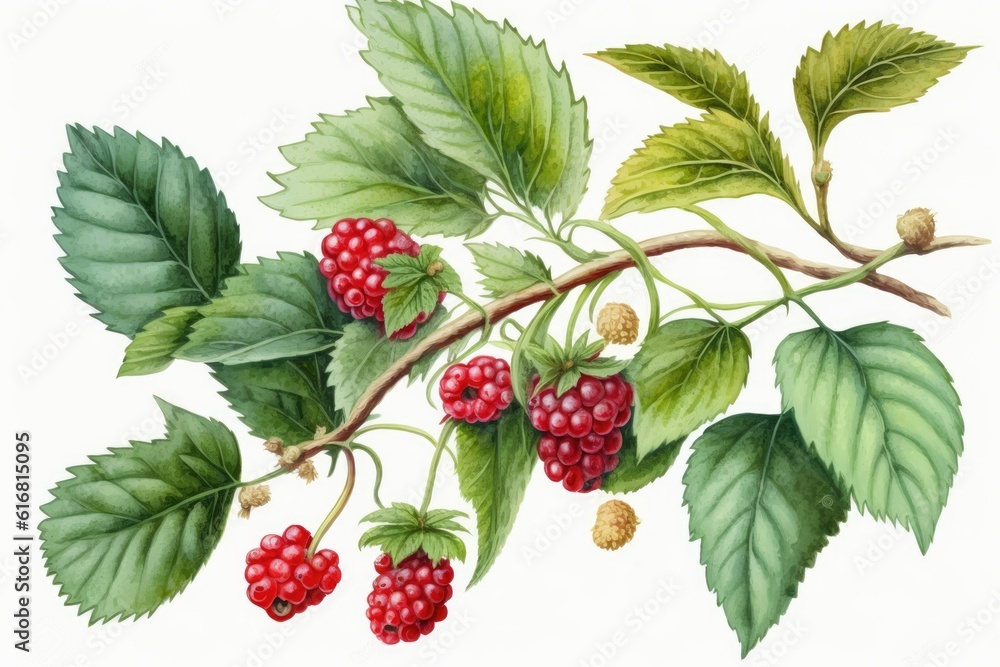Ripe Red Raspberries Hanging from a Branch with Green Leaves. Generative AI Ripe Red Raspberries Hanging from a Branch with Green Leaves. Generative AI