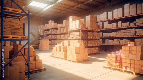 A large clean warehouse with shelfs, carboard boxes and products. Generative AI photo