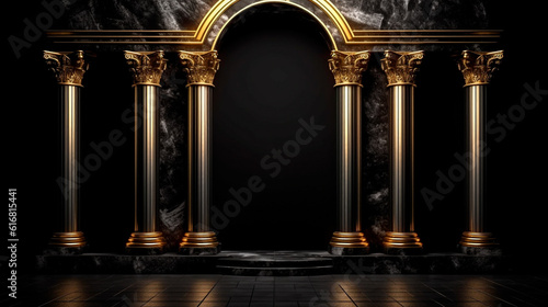 Arches in a black marble wall and columns with golden decor in a dark room. Generative AI