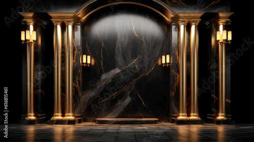 Arches in a black marble wall and columns with golden decor in a dark room. Generative AI