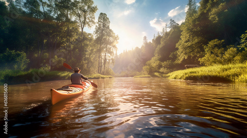 A person enjoying an eco-friendly activity, such as kayaking or hiking, with a focus on the importance of preserving natural habitats. Generative AI © Aram
