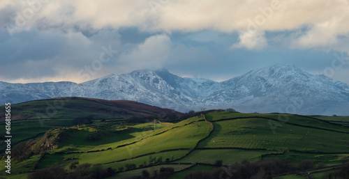 Snowy mountains in the distance over green fields