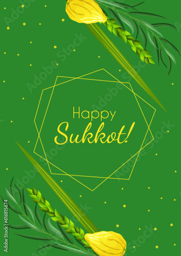 Sukkot greeting card template with palm leaves, lemon and geometrical polyhedron. Feast of Tabernacles or Festival of Ingathering. Traditional judaic religious symbols: etrog, lulav, hadas, arava