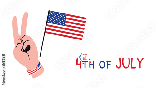 4th July background. Independence day USA background. White skinned hand with two raised up fingers and American flag. Vector illustration isolated on white backdrop