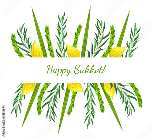 Sukkot greeting card or invitation template. Feast of Tabernacles or Festival of Ingathering. Traditional judaic religious symbols: etrog (citron), lulav (palm branch), hadas (myrtle), arava (willow)