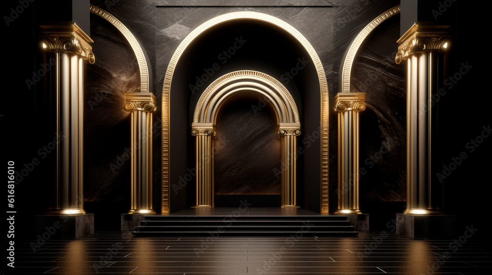 Fototapeta premium Arches in a black marble wall and columns with golden decor in a dark room. Generative AI