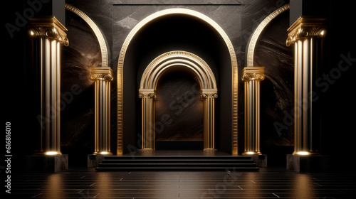 Arches in a black marble wall and columns with golden decor in a dark room. Generative AI