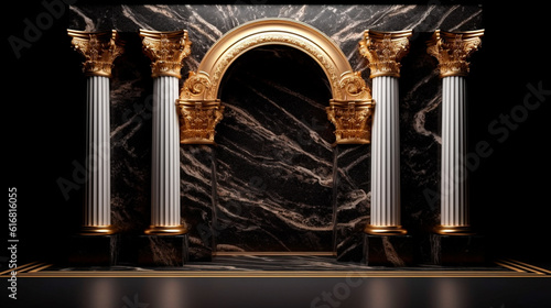 Arches in a black marble wall and columns with golden decor in a dark room. Generative AI