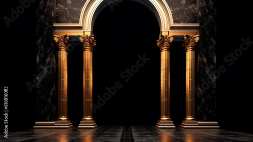 Arches in a black marble wall and columns with golden decor in a dark room. Generative AI