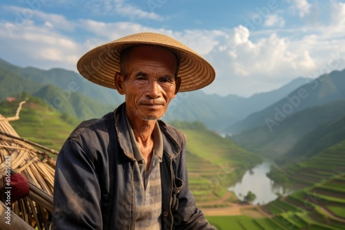 Smiling Chinese farmer with traditional hat. 