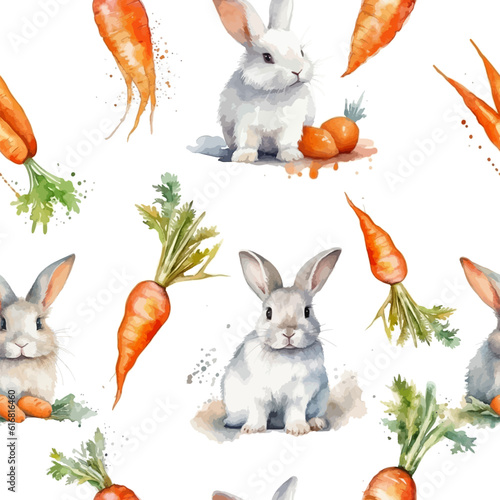 Colorful rabbit pattern. Watercolor rabbit and carrots. Seamless background. Animal seamless pattern. Cute background for fabric, kid party, kitchen, easter card. Bunny in love