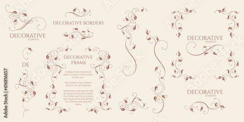Set of decorative borders, corners, frames with calligraphic elements. Floral pattern.