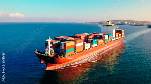 Big transport ship with containers with goods on the open sea. Generative AI