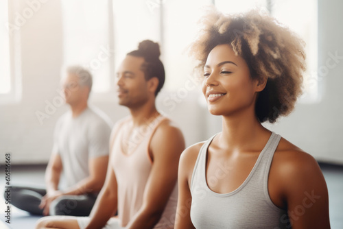 Group of mixed race smiling people practicing yoga in the gym