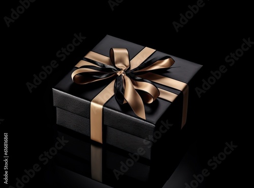 Craft gift box on a dark background, decorated with a textured bow and feathers, creating a romantic luxury atmosphere. For birthday, anniversary presents, Created with Generative AI technology.