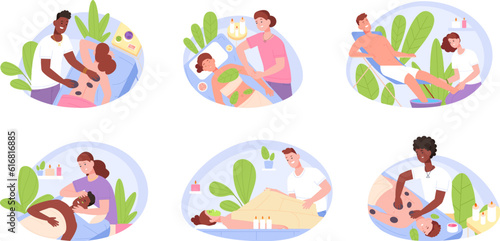 People massaging salon. Couples cartoon woman and man relax on physiotherapy massage or spa wellness beauty procedures, back neck treatment body wraps, splendid vector illustration