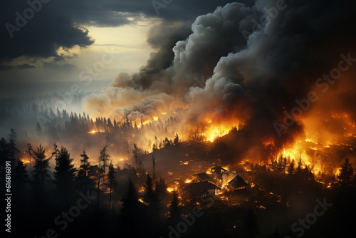 Large forest fire. Strong fire with smoke. A small village is on fire. Generative Ai