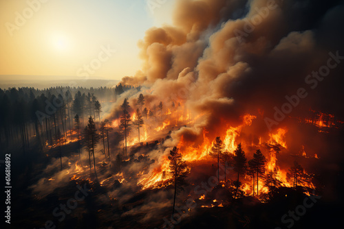 Large forest fire. Strong fire with smoke. Generative Ai