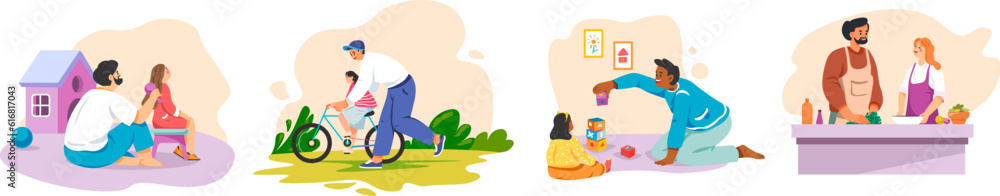 Father and daughter time. Fathers spending weekend with child, dad and kid girl playing talk cook, parent teach teenager ride bicycle fatherhood family support vector illustration Father and daughter time. Fathers spending weekend with child, dad and kid girl playing talk cook, parent teach teenager ride bicycle fatherhood family support vector illustration