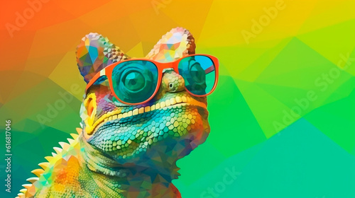 chameleon wearing sunglasses on a solid color background, vector art, digital art, faceted, minimal, abstract, panorama background. Generative AI © Aram