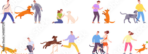 Owner training dog. People teaching dogs commands obedient, canine trainer train pet sport exercising outdoor park, practicas jump to hurdle barrier, vector illustration