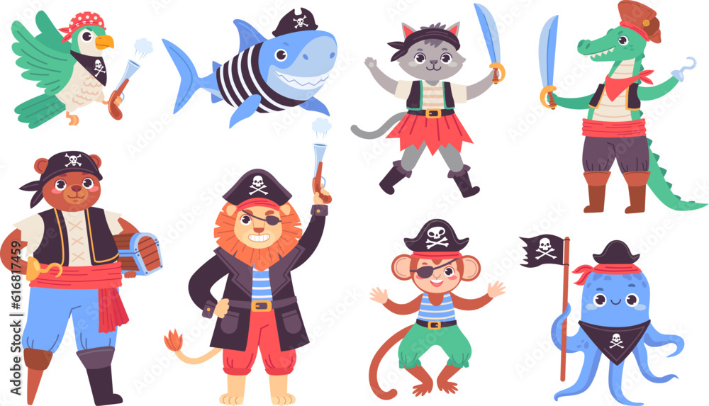 Animal pirate characters. Funny cartoon animals in pirates costumes, childish brave sea captain of sailboat, piratin wildlife cute baby sailor monkey, ingenious vector illustration