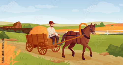 Rustic horse vehicles. Farmer on horse-drawn cart agriculture village background, working horses moving old wagon carriage, wild west history ingenious cartoon vector illustration