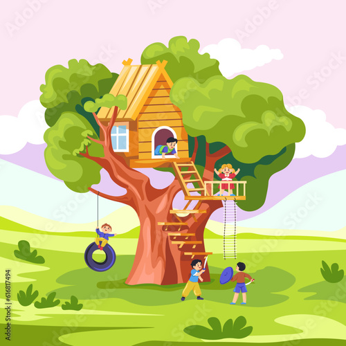 Kids playing on tree house. Kid wood house garden trees with tire swing, children climb to treehouse playing game in forest or jungle nature playground, recent vector illustration