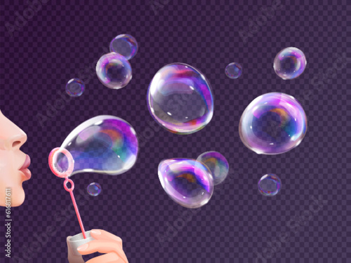Girl blowing soap bubbles. Woman blow realistic flying bubble blower wand with spectrum rainbow reflection, child game play in foam bubbly shampoo balls, exact vector illustration