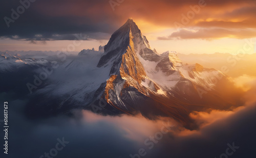 Heavenly Mountain Peak Above The Clouds at Sunset