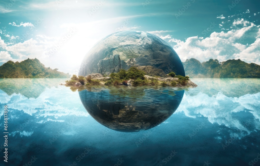 Water, planet and climate change with the earth in a puddle as a symbol of global warming or temperature shift. Created with Generative AI technology. Water, planet and climate change with the earth in a puddle as a symbol of global warming or temperature shift. Created with Generative AI technology.