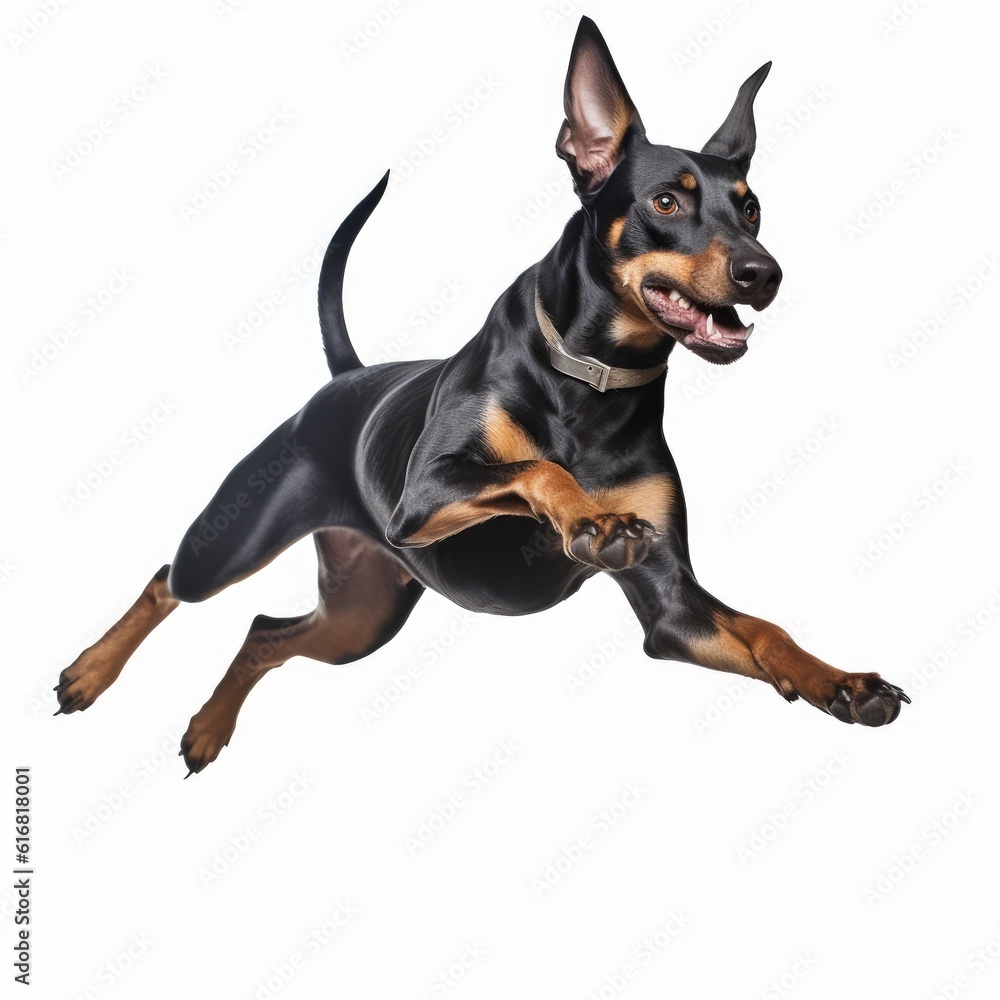 Jumping Doberman Pinscher Dog. Isolated on Caucasian, White Background. Generative AI.