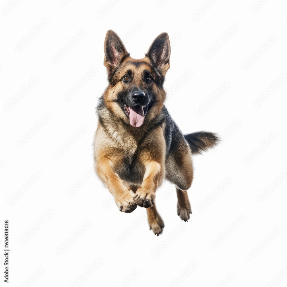 Jumping German Shepherd Dog. Isolated on Caucasian, White Background. Generative AI.