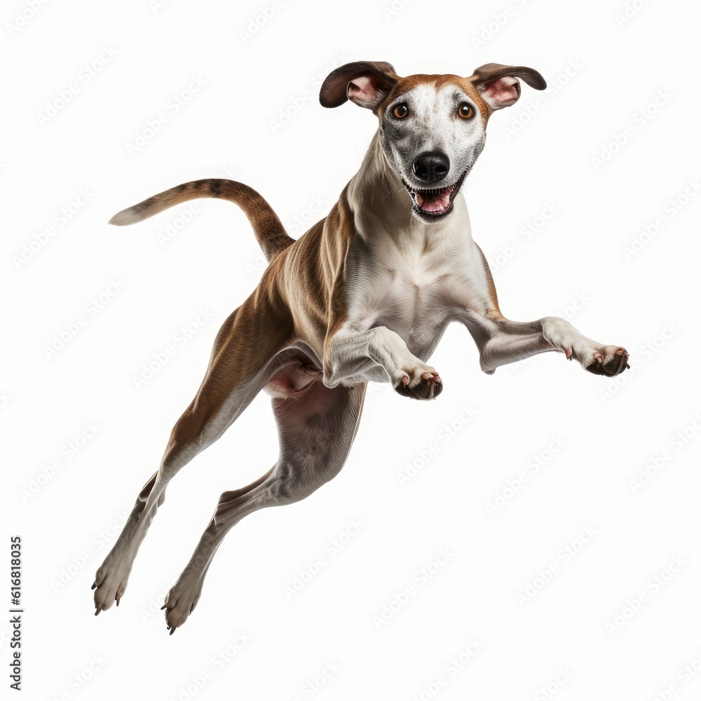 Jumping Greyhound Dog. Isolated on Caucasian, White Background. Generative AI.