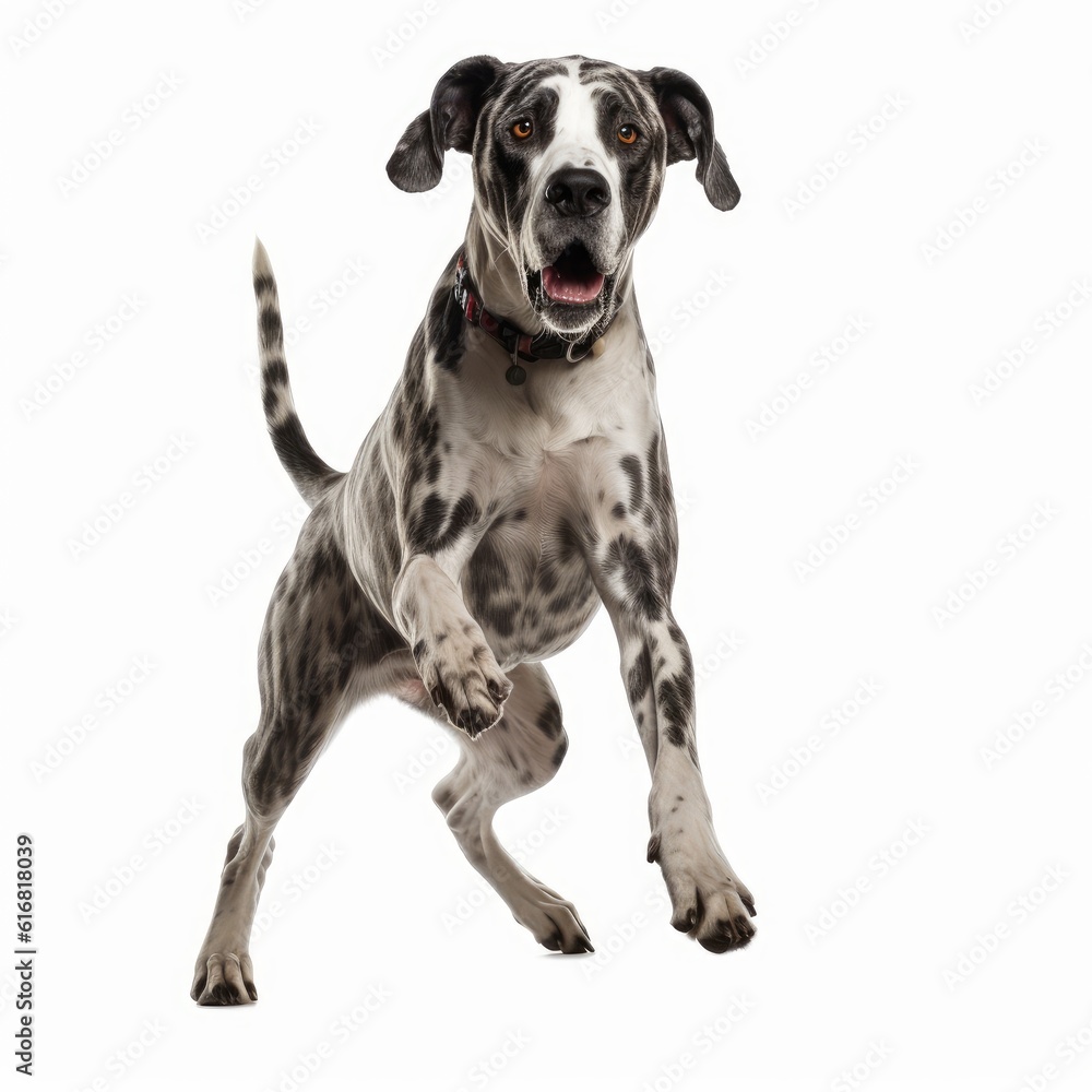 Jumping Great Dane Dog. Isolated on Caucasian, White Background. Generative AI.
