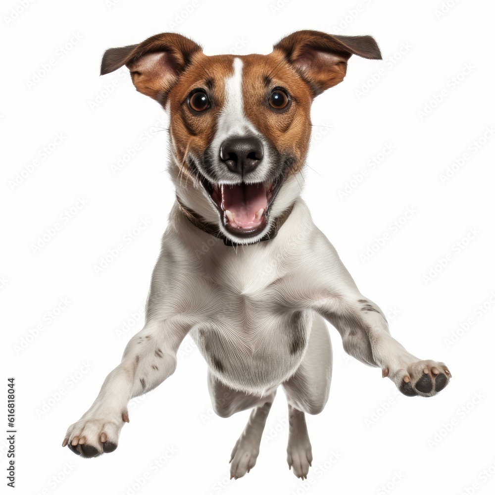 Jumping Jack Russell Terrier Dog. Isolated on Caucasian, White Background. Generative AI.