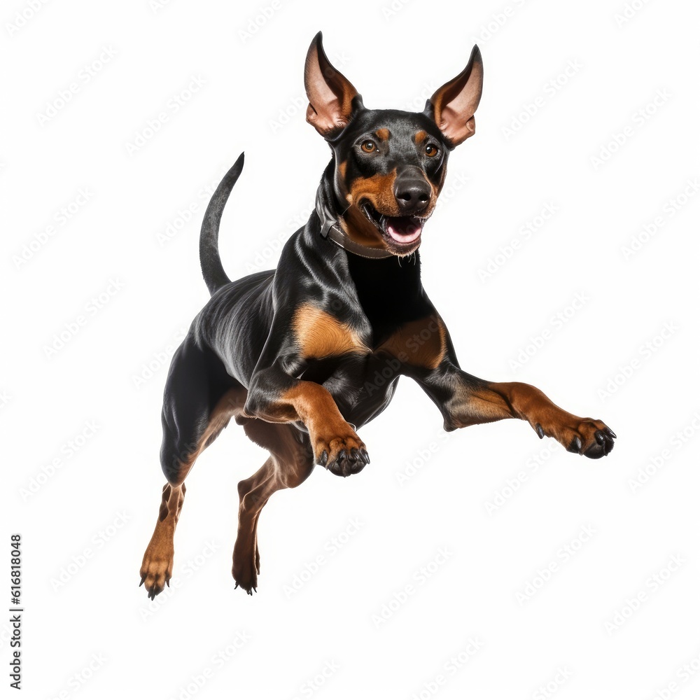 Jumping Doberman Pinscher Dog. Isolated on Caucasian, White Background. Generative AI. Jumping Doberman Pinscher Dog. Isolated on Caucasian, White Background. Generative AI.