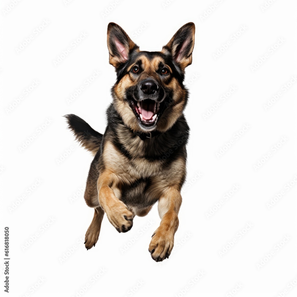 Jumping German Shepherd Dog. Isolated on Caucasian, White Background. Generative AI.