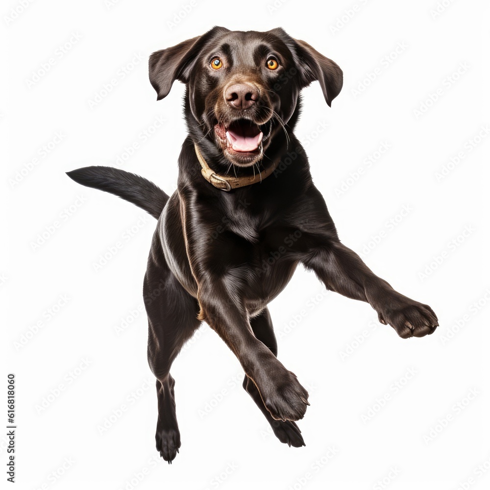 Obraz premium Jumping Labrador Retriever Dog. Isolated on Caucasian, White Background. Generative AI.